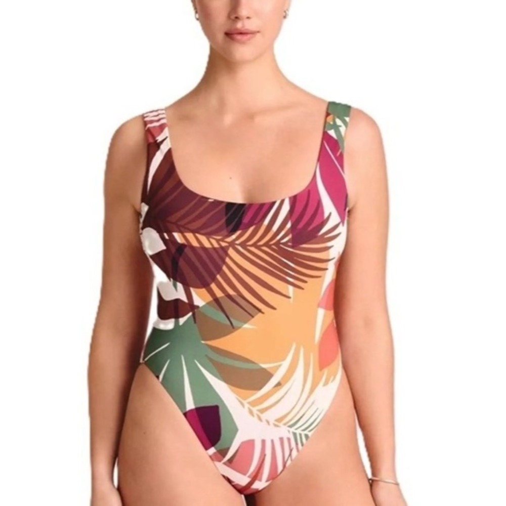 Vitamin A Dark Multicolor Palm Print Scoop Neck One Piece Swim Suit Size Large